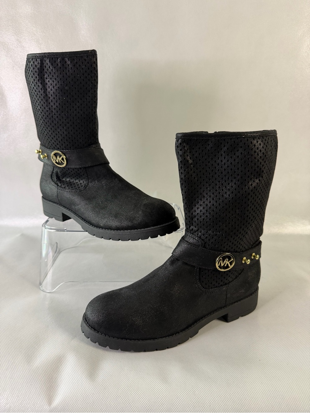 Michael Kors Girls Black Perforated Moto Boots – Big Kid Size 5
